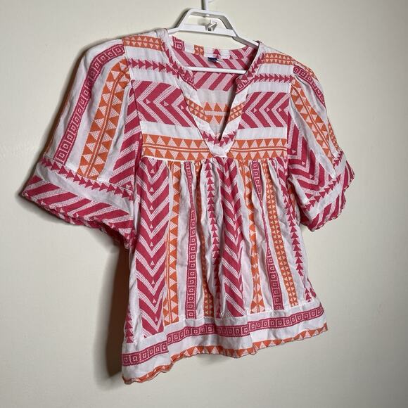 OLD NAVY Pink Orange V Neck Swing Peasant Blouse 100% Cotton Boho Aztec Sz L - Picture 2 of 8